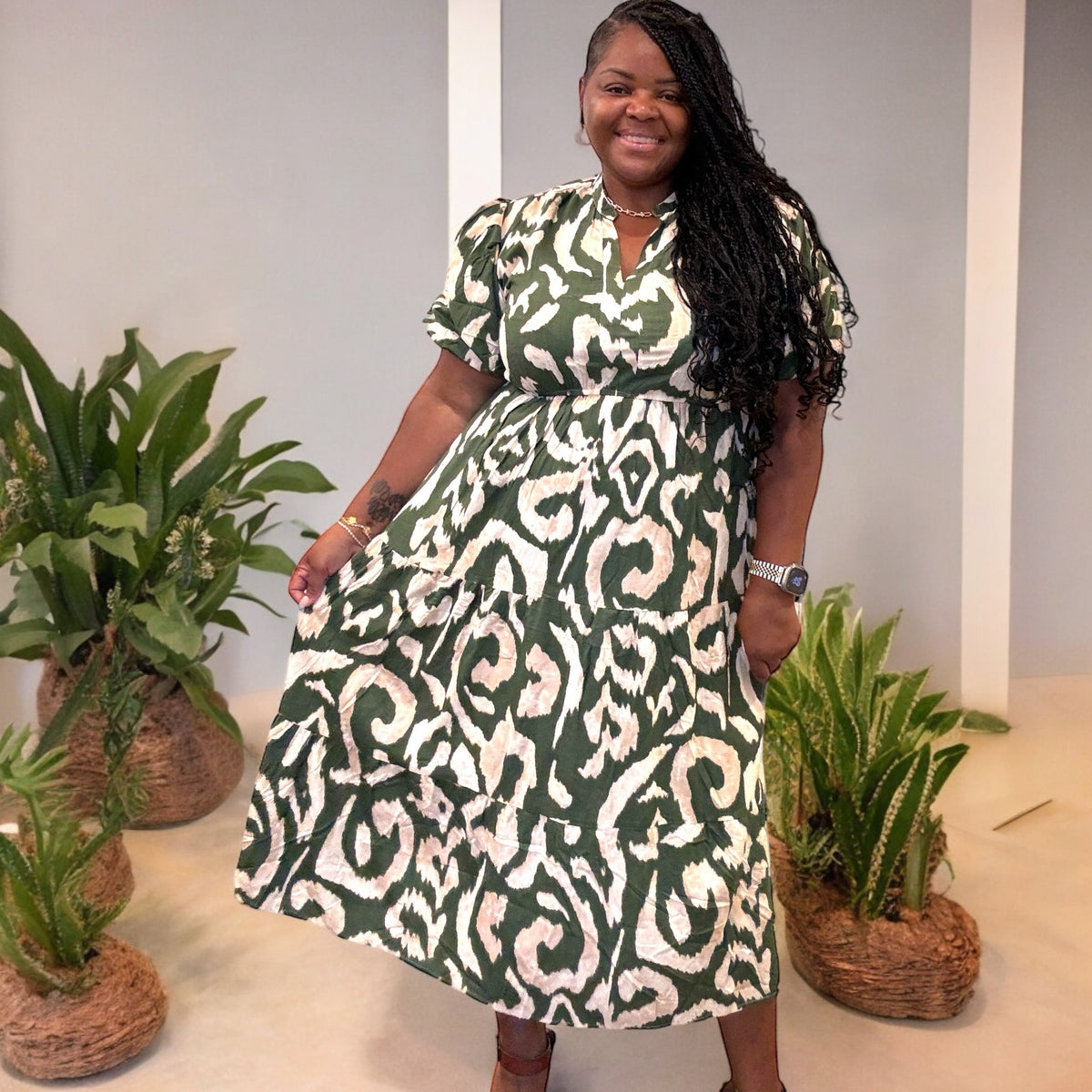Linen Olive and Cream Plus Size Maxi Dress - Fabulously Dressed Boutique 