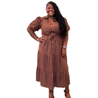 Linen Plus Size Brown Button Down Maxi Dress - Fabulously Dressed Boutique 