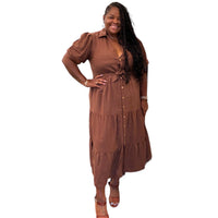 Linen Plus Size Brown Button Down Maxi Dress - Fabulously Dressed Boutique 