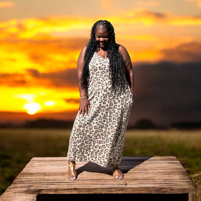 Women's Plus Size Leopard Print Adjustable Strap Maxi Dress - Fabulously Dressed Boutique 