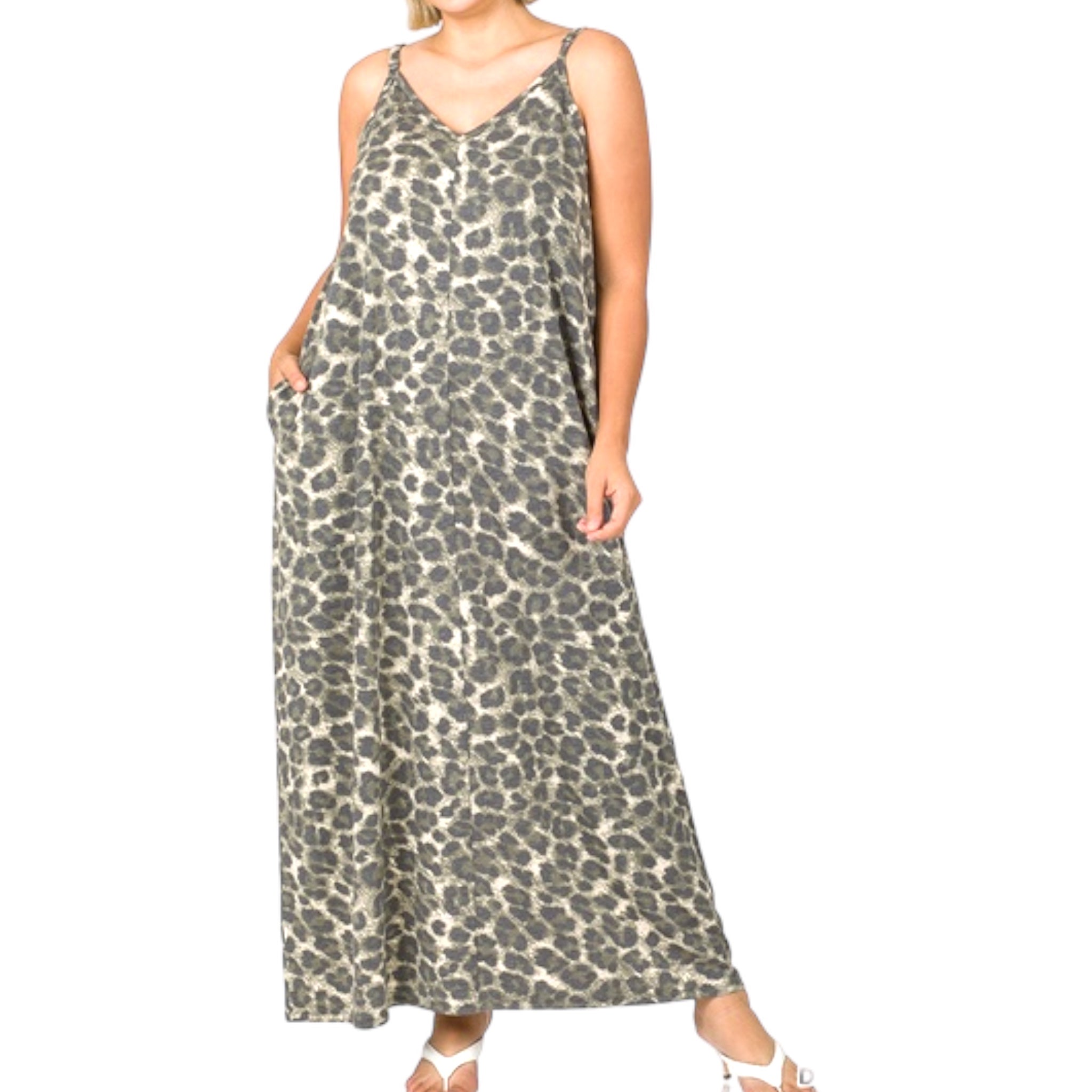 Women's Plus Size Leopard Print Adjustable Strap Maxi Dress