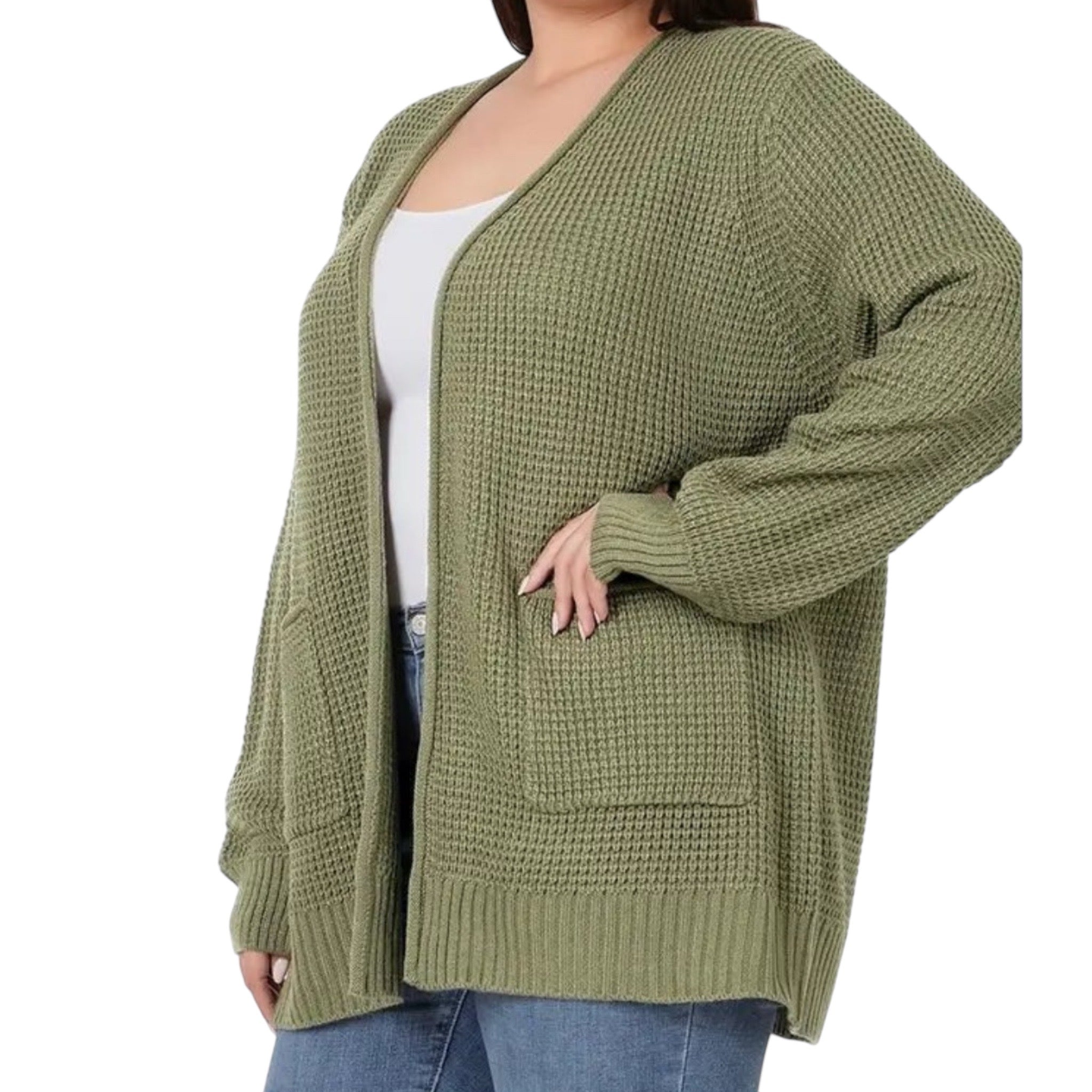 Waffle Open Cardigan Sweater w/ Pockets