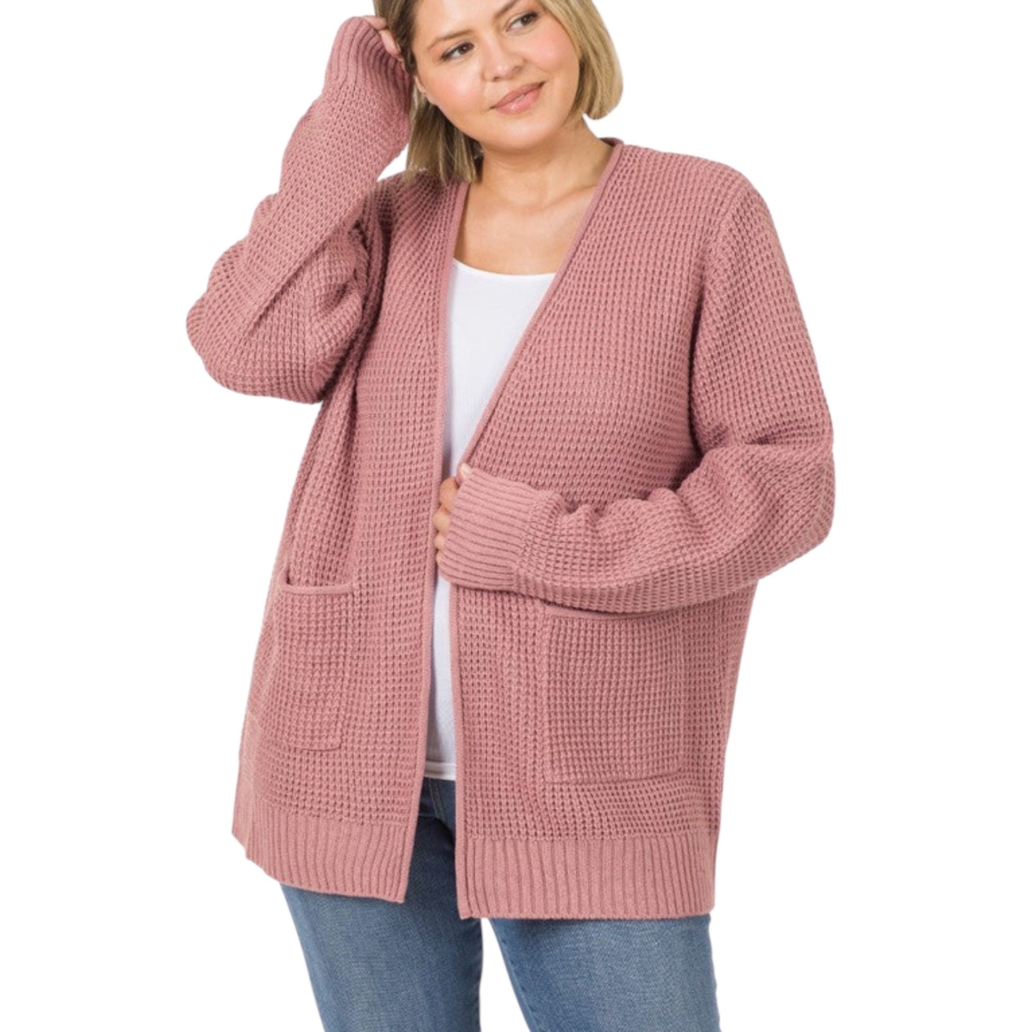 Waffle Open Cardigan Sweater w/ Pockets