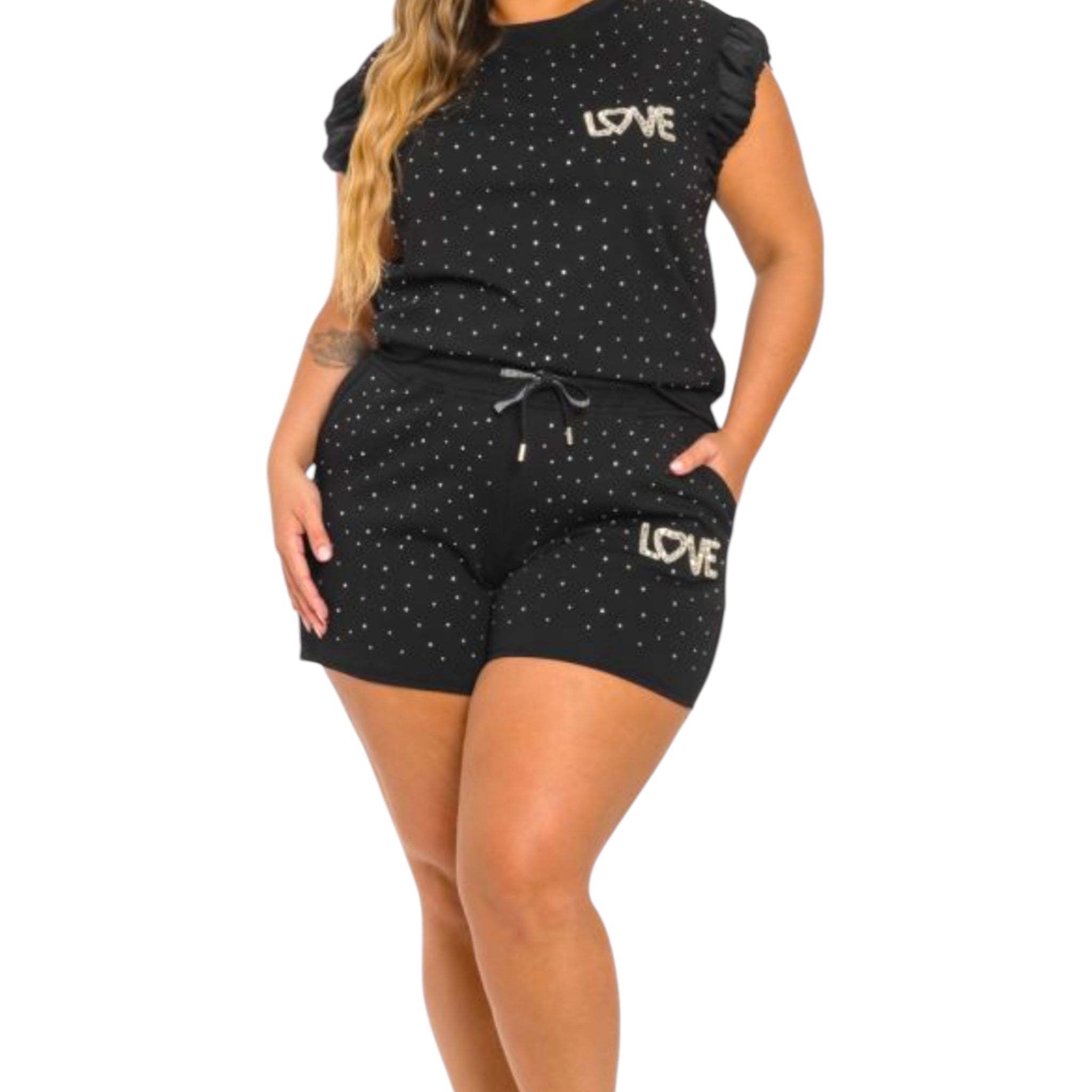 Women's Juniors Plus Black Bling Love Short Set