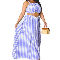 Women's Plus Size Blue And White Striped Tie Back Maxi Dress