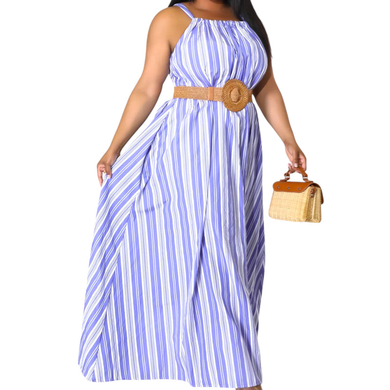 Women's Plus Size Blue And White Striped Tie Back Maxi Dress