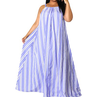 Women's Plus Size Blue And White Striped Tie Back Maxi Dress