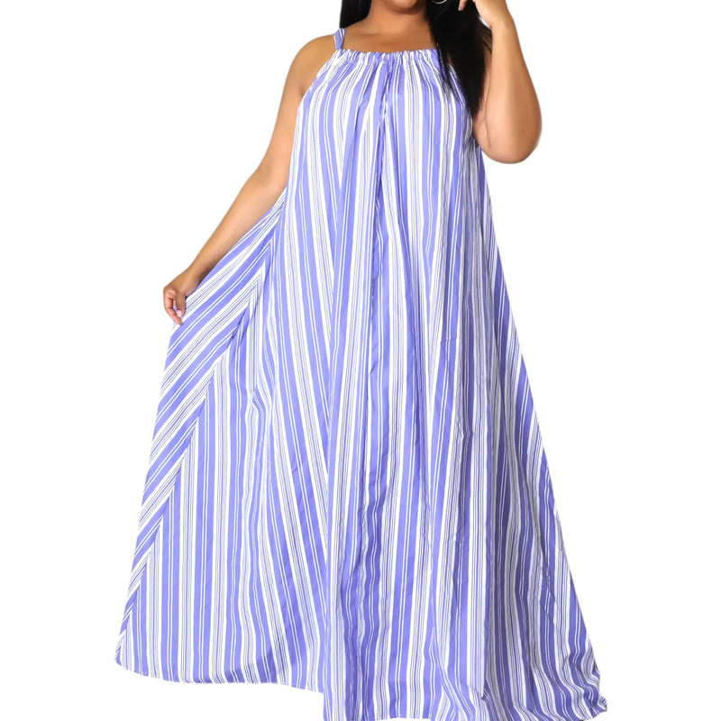 Women's Plus Size Blue And White Striped Tie Back Maxi Dress