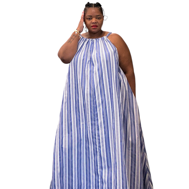 Women's Plus Size Blue And White Striped Tie Back Maxi Dress