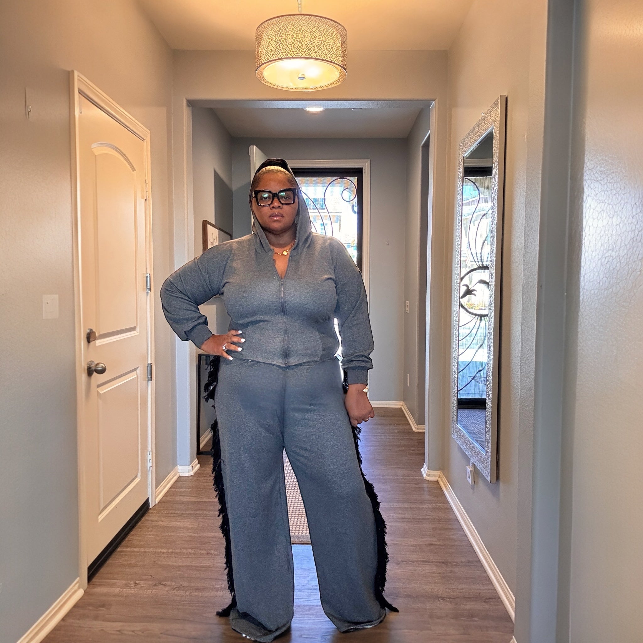 Plus Size Hoodie Jacket and Side Tassel Pants Set