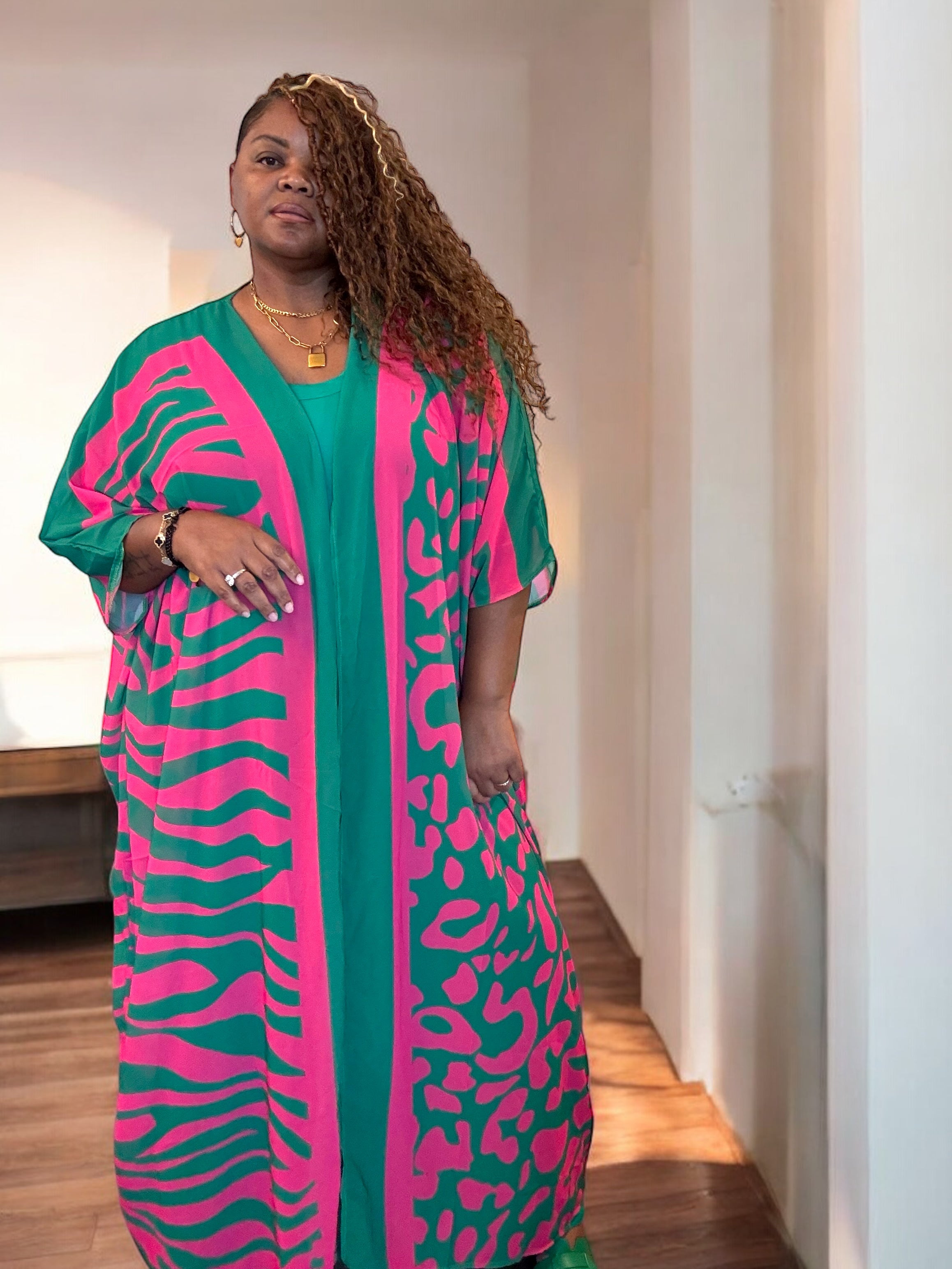 Green And Pink Bohemian Print Kimono