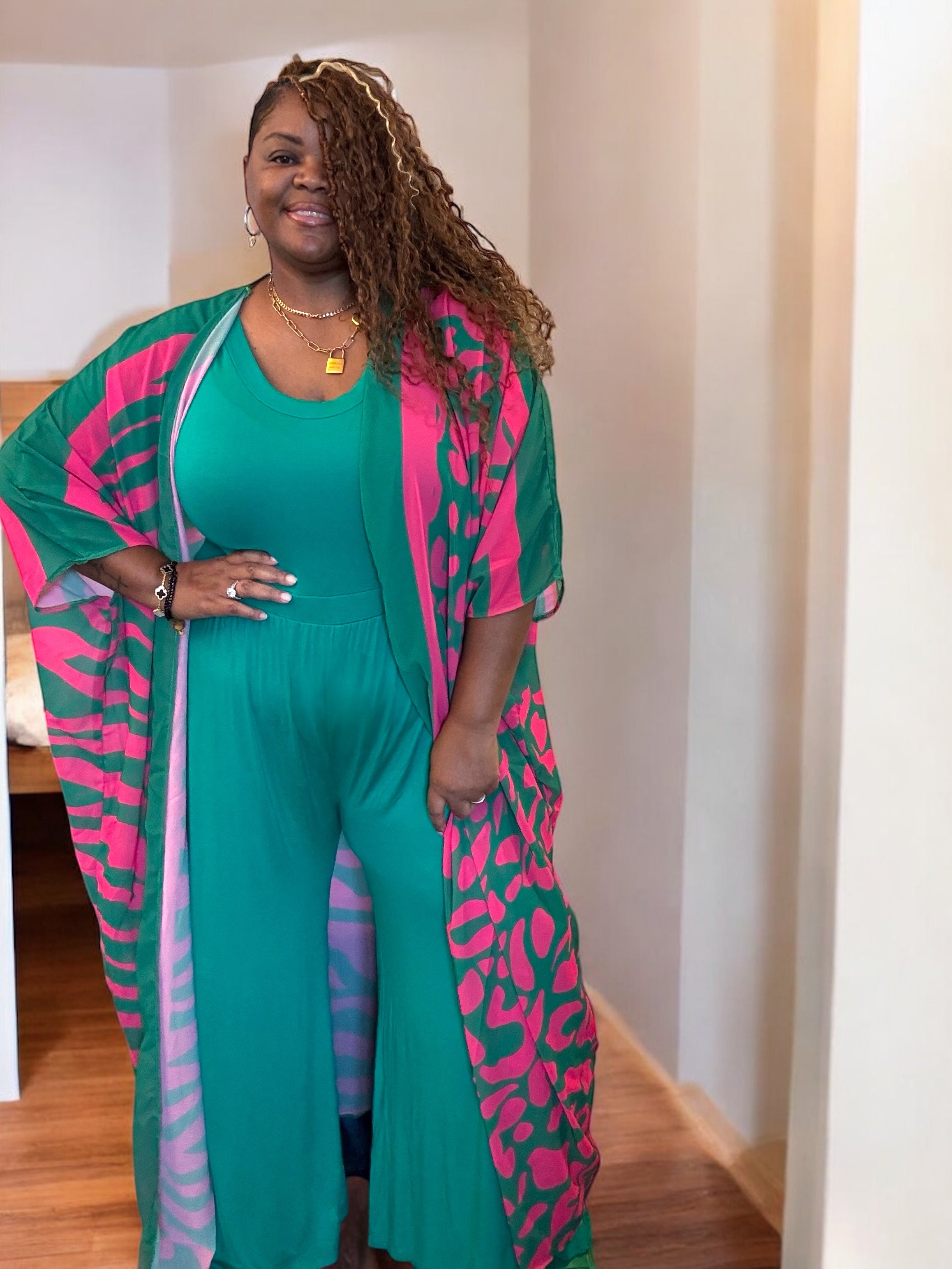 Green And Pink Bohemian Print Kimono