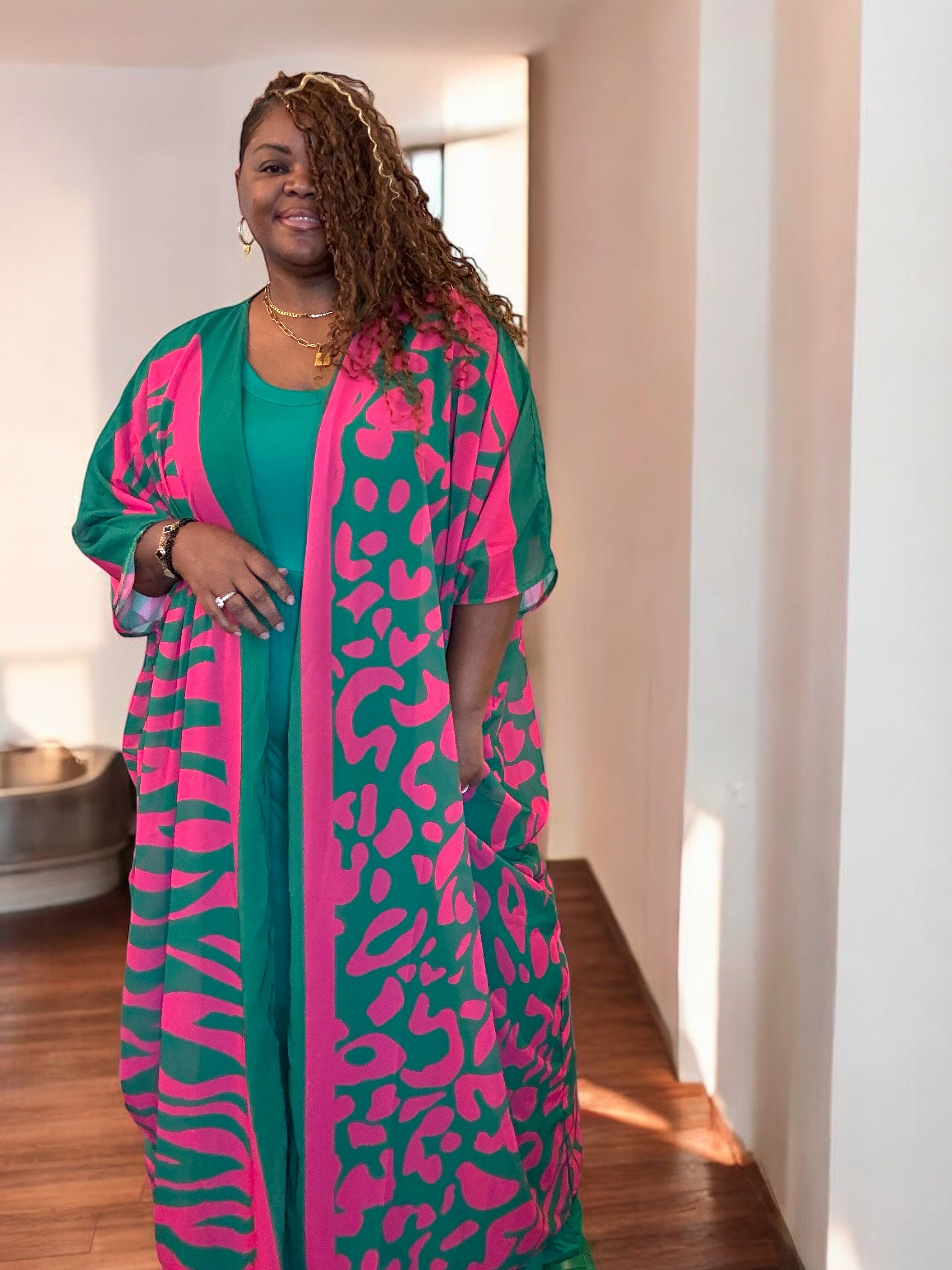 Green And Pink Bohemian Print Kimono