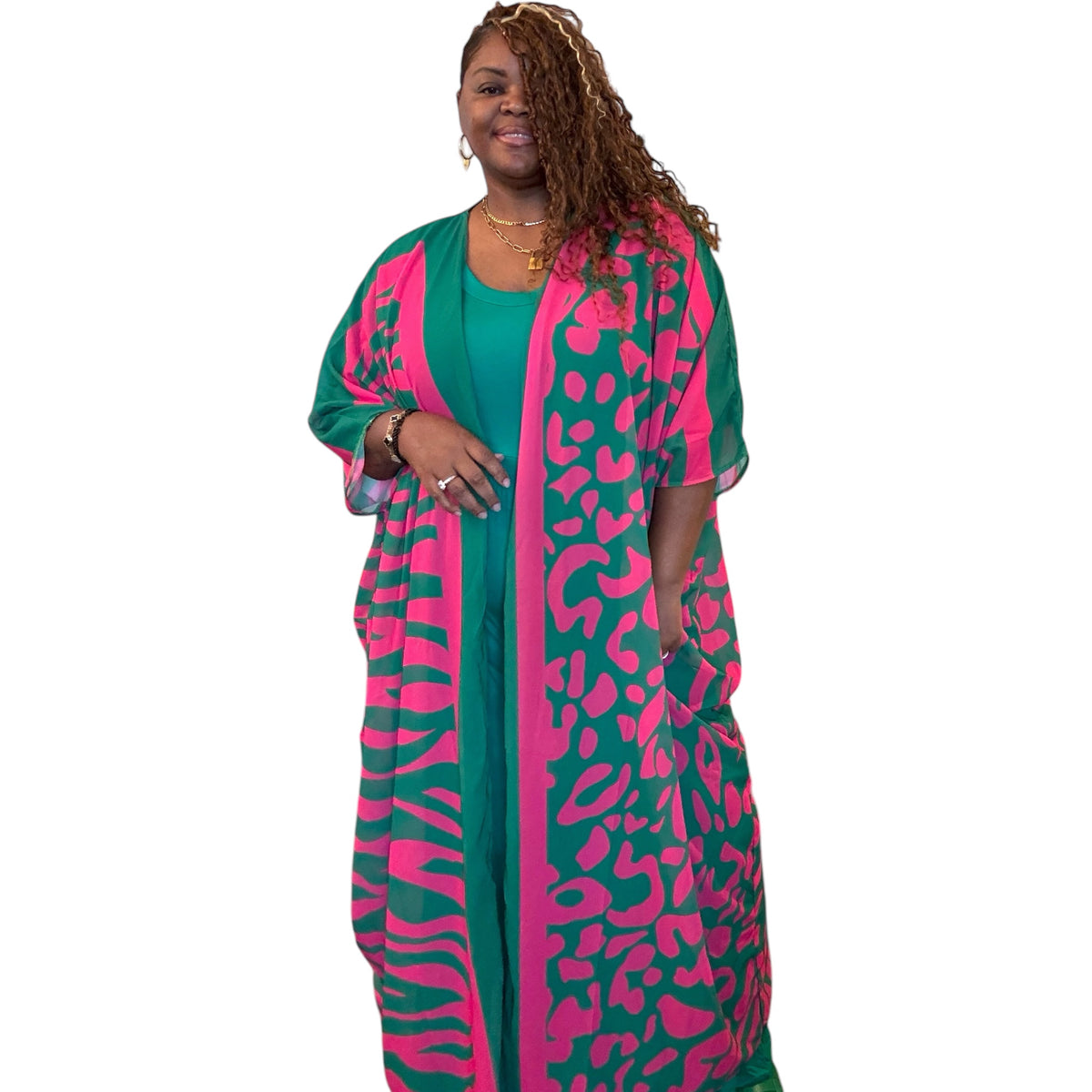 Green And Pink Bohemian Print Kimono