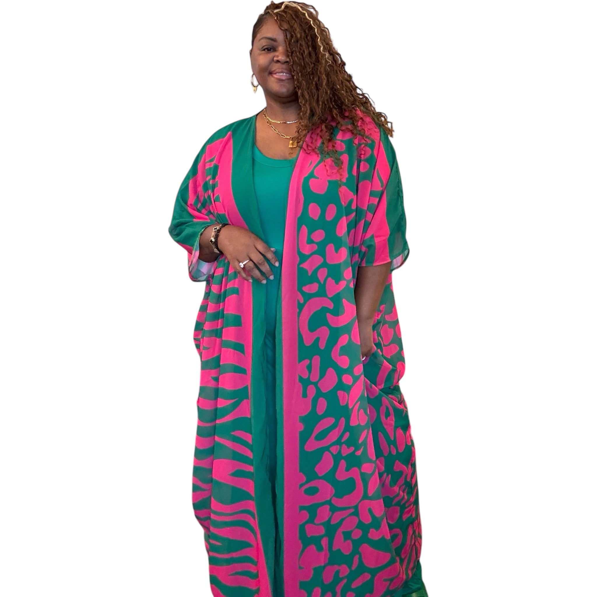 Green And Pink Bohemian Print Kimono