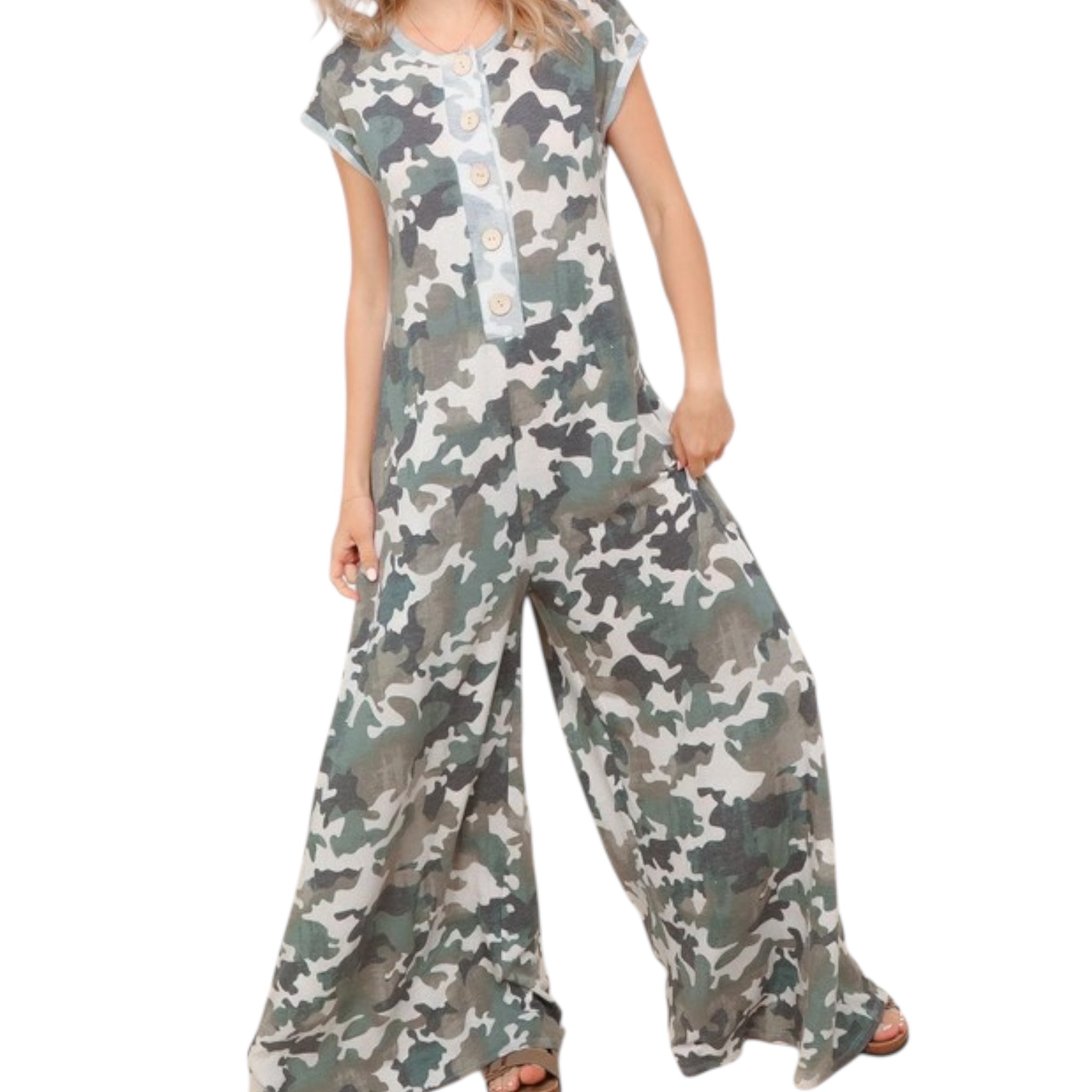 Plus Size Loose Fit Camouflage Jumpsuit W/ Side Pockets