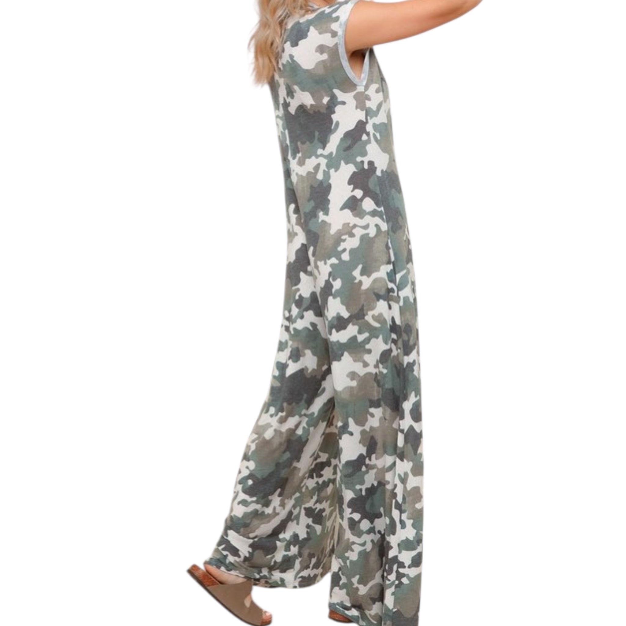 Plus Size Loose Fit Camouflage Jumpsuit W/ Side Pockets