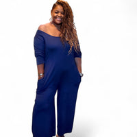 Womens Plus Size Low Shoulder Wideleg Jumpsuit - Fabulously Dressed Boutique 