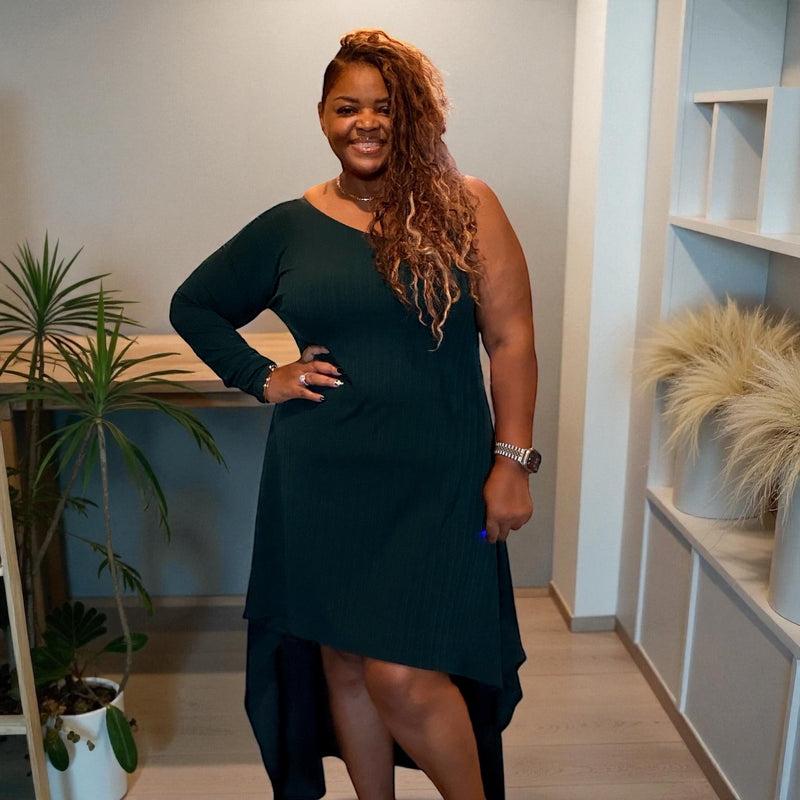 Plus Size Women’s Emerald Green One Shoulder Dress - Fabulously Dressed Boutique 