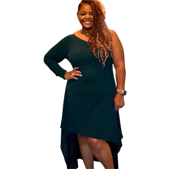 Plus Size Women’s Emerald Green One Shoulder Dress - Fabulously Dressed Boutique 