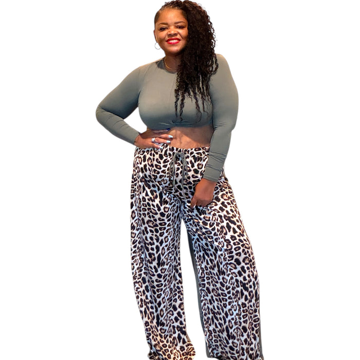 Plus Size Long Sleeve Top And Wide Leg Lepard Print Pants Set