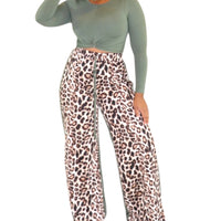 Plus Size Long Sleeve Top And Wide Leg Lepard Print Pants Set