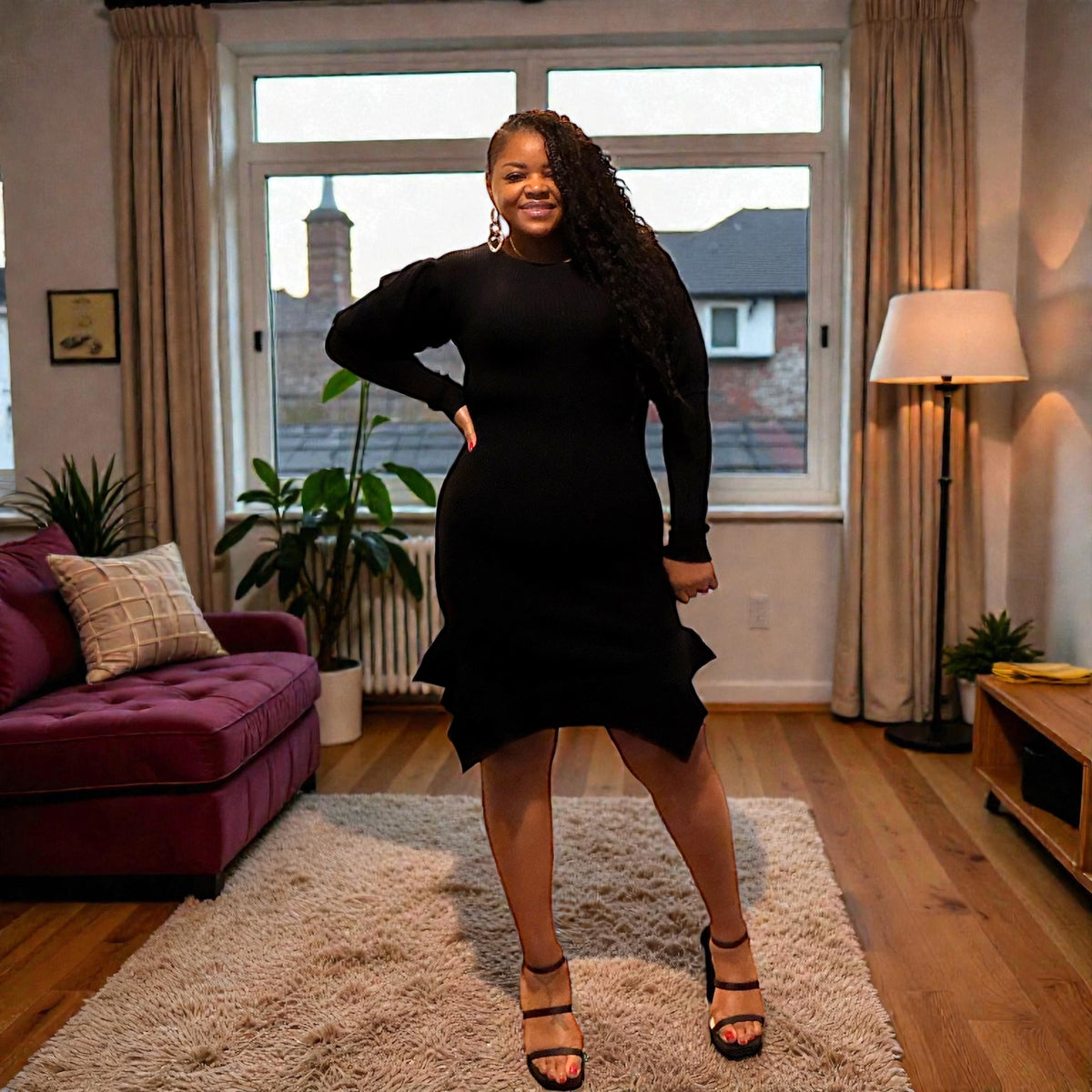 Womens Ribbed Puff Sleeve Fitted Mermaid Dress