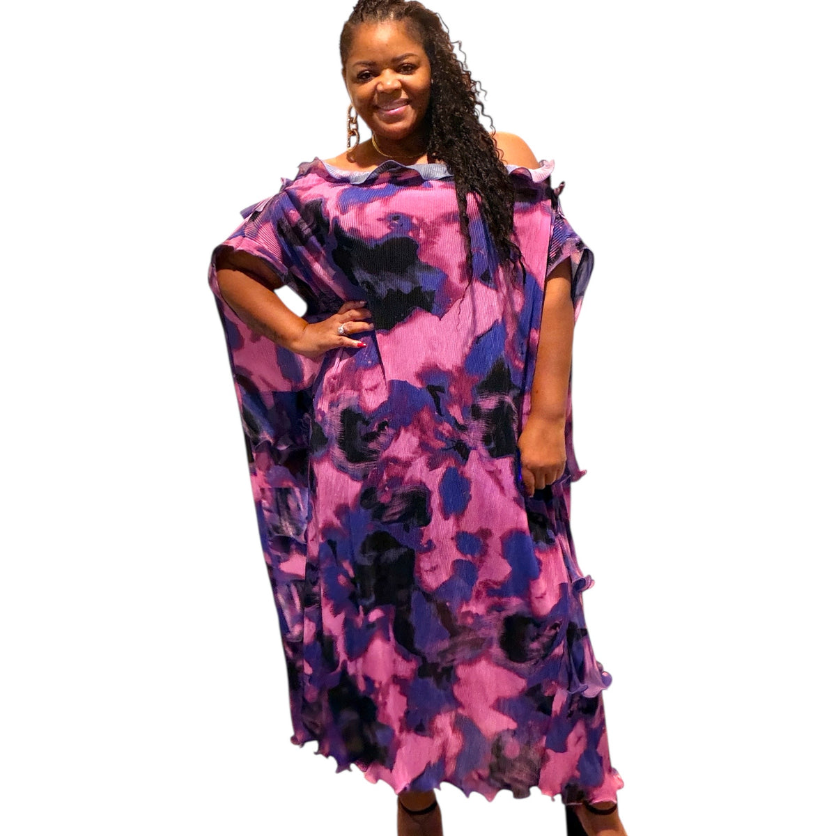 Plus Size Purple Pleated Tiered Ruffled Maxi Dress