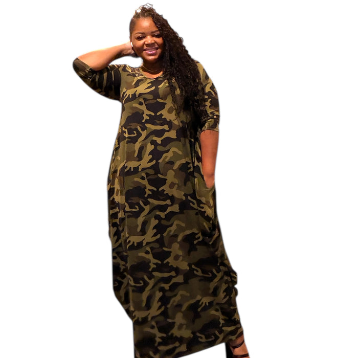 Plus Size Printed Camoflauge Relexed Fit Draped Maxi Dress