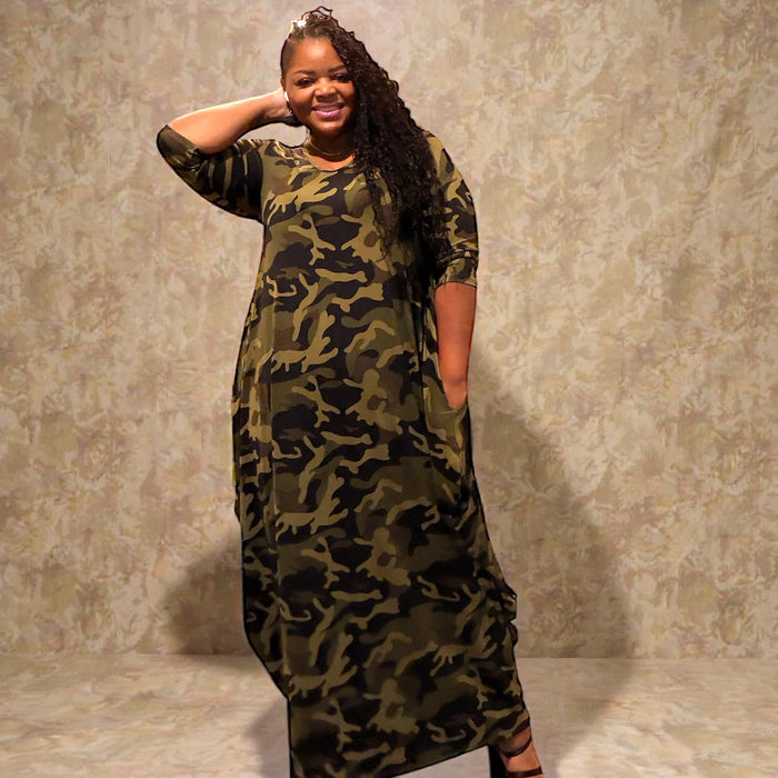 Plus Size Printed Camoflauge Relexed Fit Draped Maxi Dress