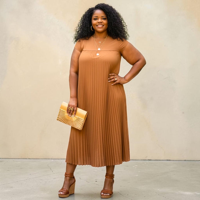 Elegant Plus Size Pleated Maxi Dress Brown / XL