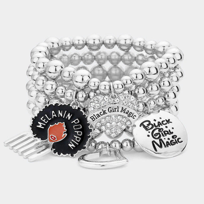 5PCS - Black Girl Magic Various Charm Layered Stretched Bracelets