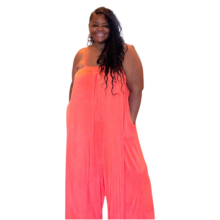 Womens Plus Size Coral Jumpsuit With Pockets