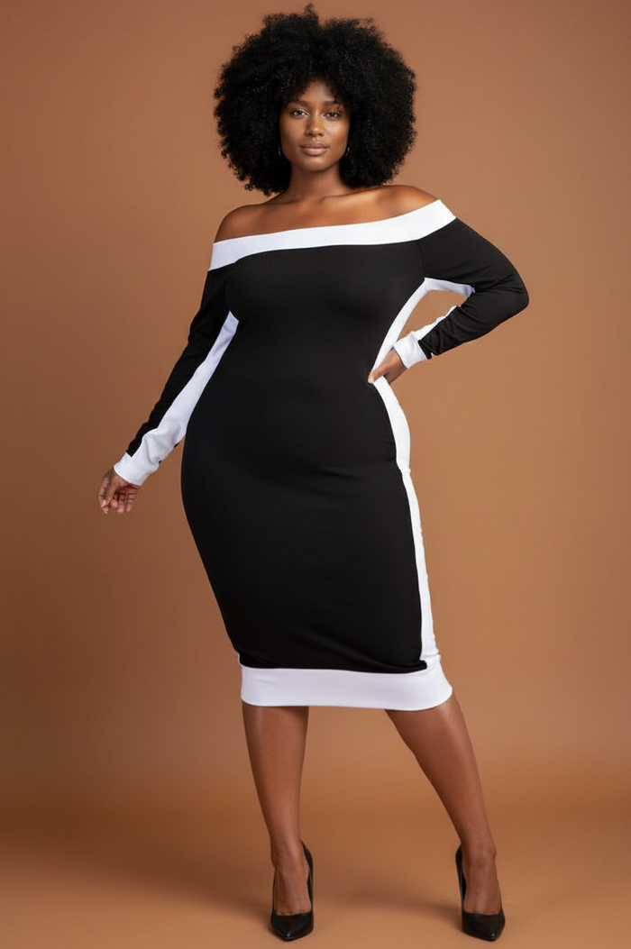 Black White Off Shoulder Mid Length Dress