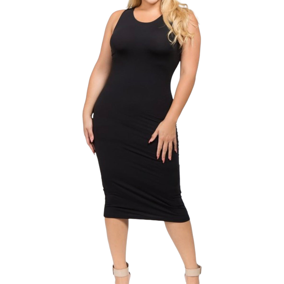 Black Round Neck Plus Size Midi Dress - Fabulously Dressed Boutique 
