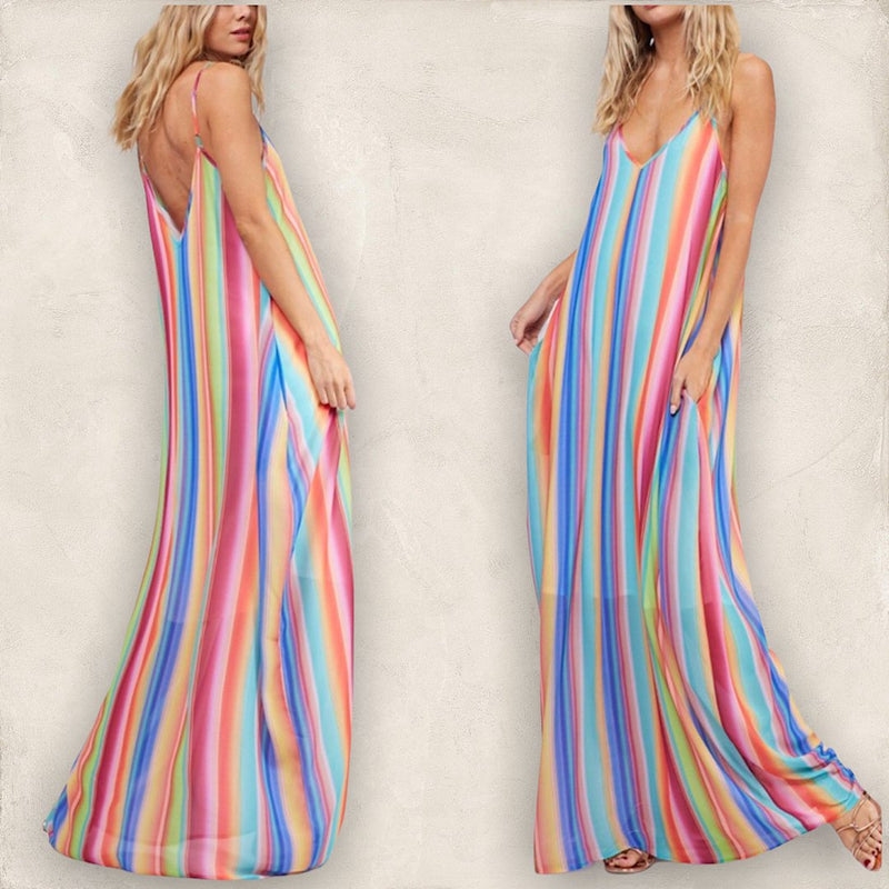 New Sexy Multicolored Boho Chic Maxi Dress With Pockets - Fabulously Dressed Boutique 