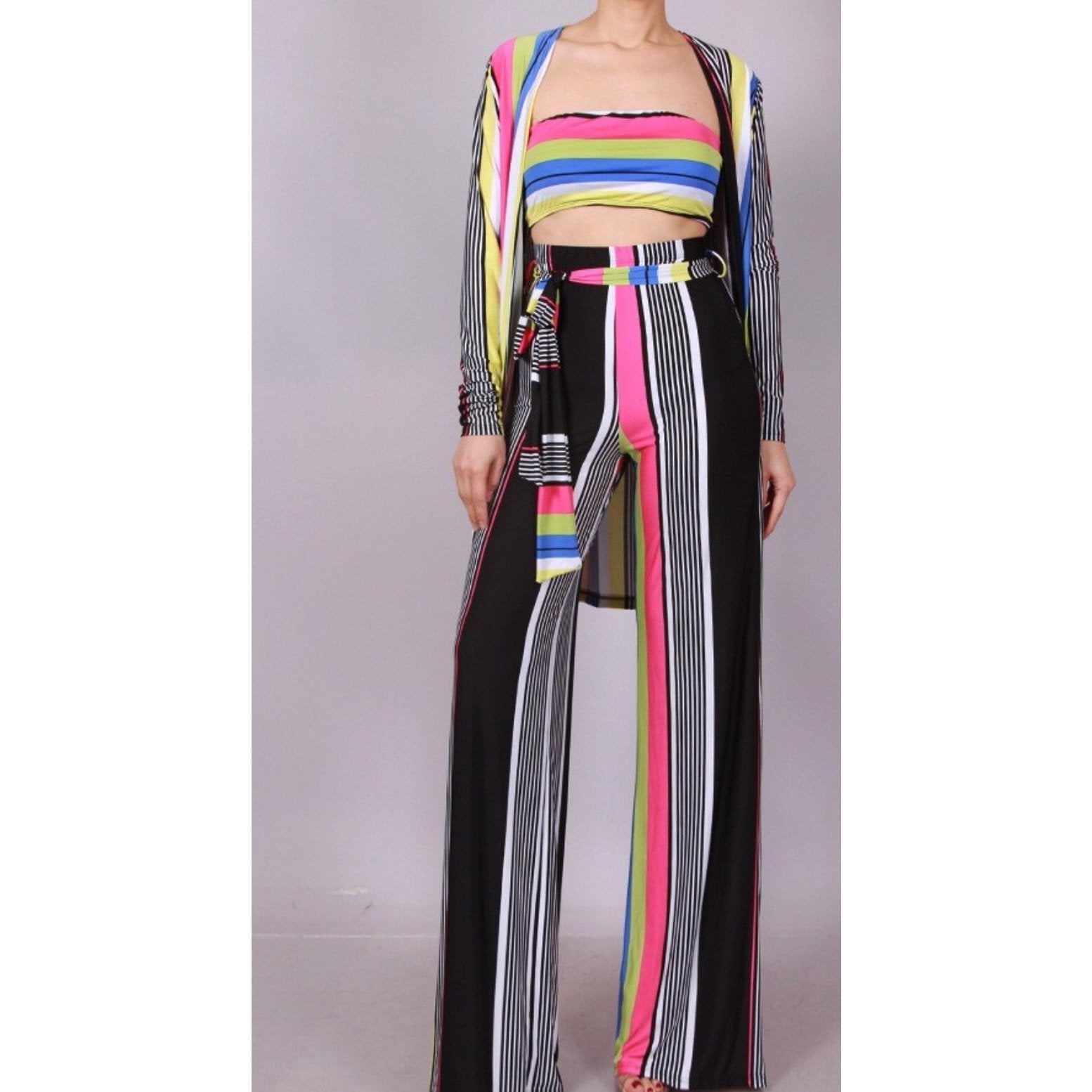 New Sexy Stripe 3 Piece Wide Leg Pant Set - Fabulously Dressed Boutique 