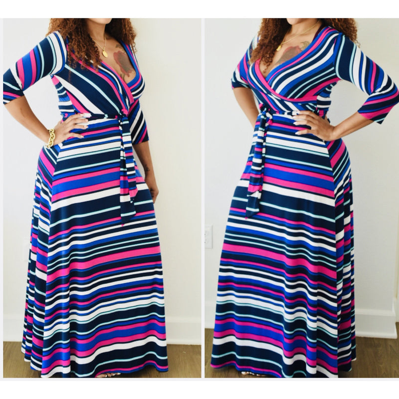 New Vibrant Striped Belted Faux Wrap Maxi Dress - Fabulously Dressed Boutique 