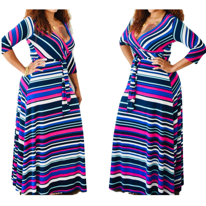 New Vibrant Striped Belted Faux Wrap Maxi Dress - Fabulously Dressed Boutique 