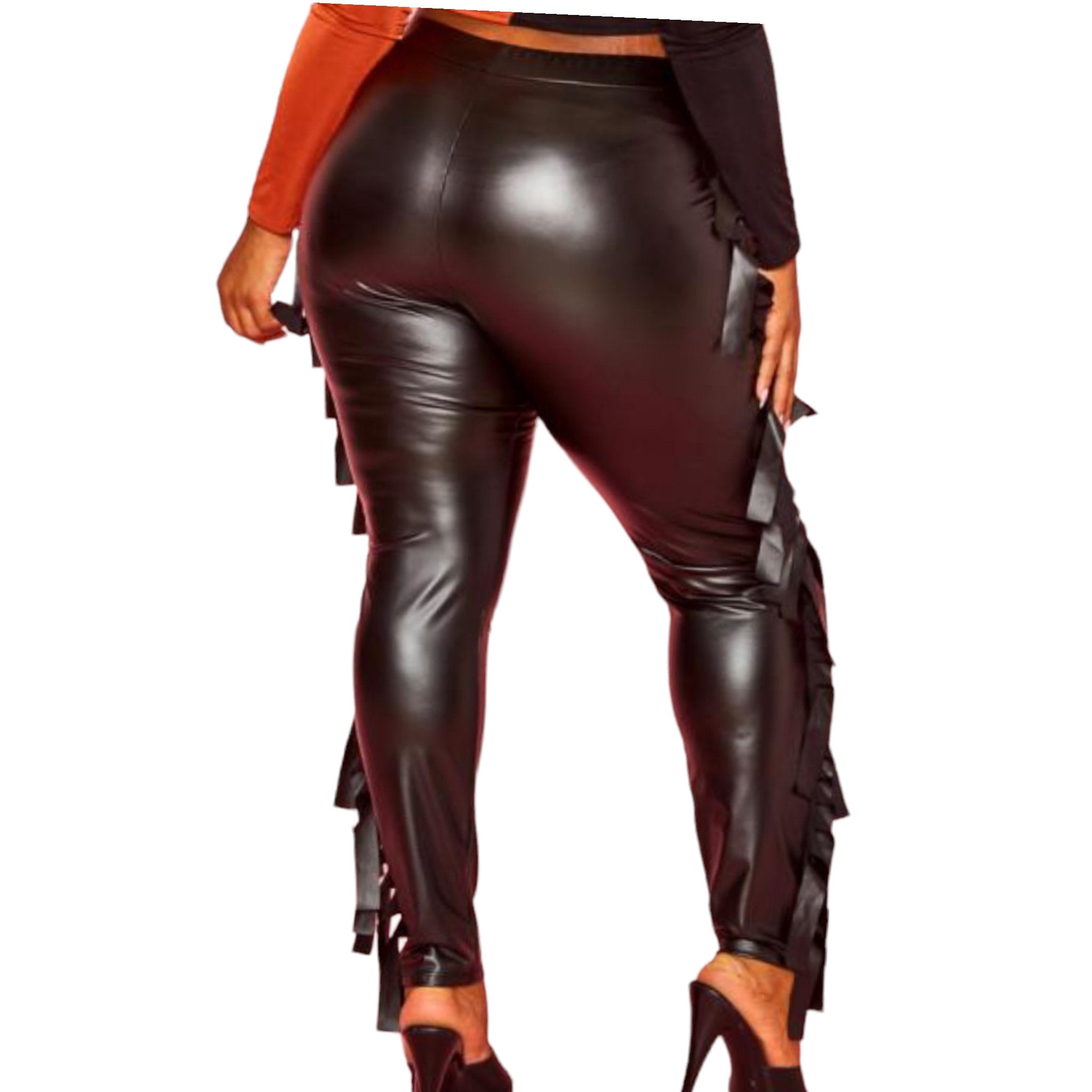 Plus Size Black Fringe Faux Leather Pants - Fabulously Dressed