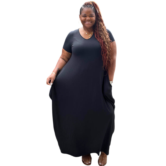 Plus Size Black Harem Maxi Dress With Pockets - Fabulously Dressed Boutique 