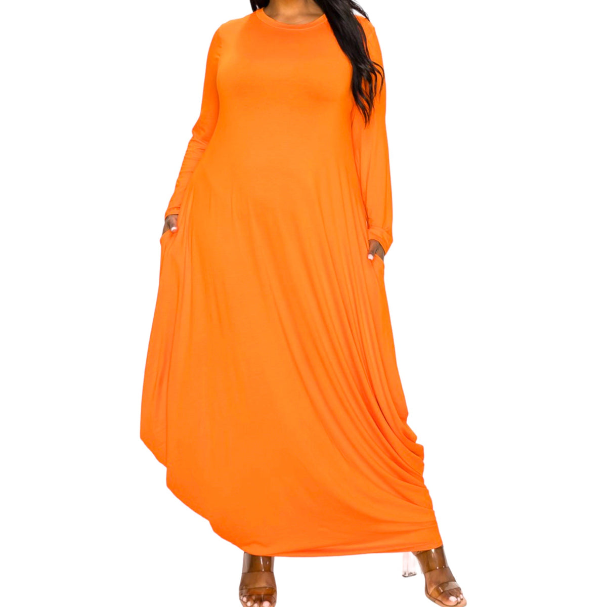 Plus Size Draped Long Sleeve Maxi Dress - Fabulously Dressed Boutique 