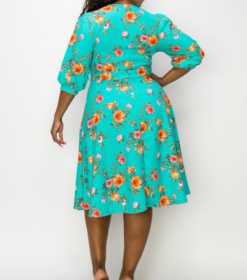 Plus Size Floral A Line Flare Dress With Belt - Fabulously Dressed Boutique 