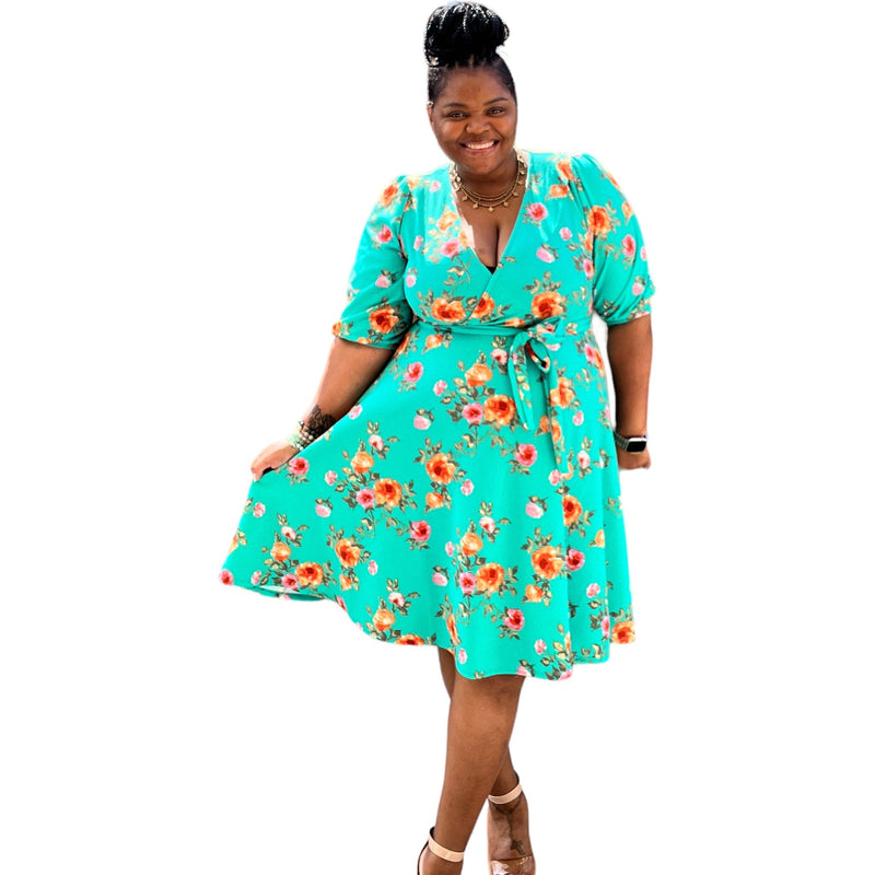 Plus Size Floral A Line Flare Dress With Belt - Fabulously Dressed Boutique 