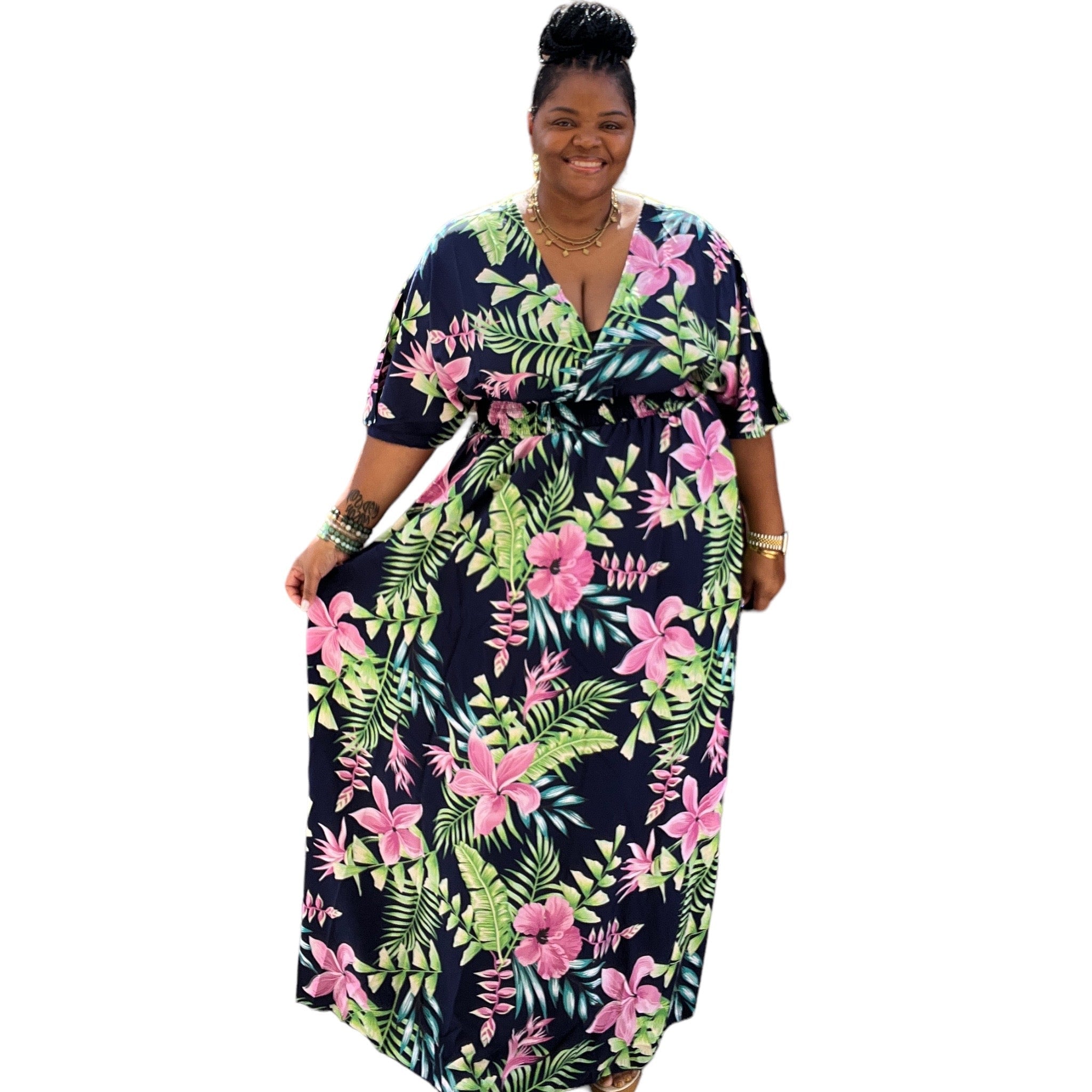 Plus Size Floral Tropical V Cut Maxi Dress - Fabulously Dressed Boutique 