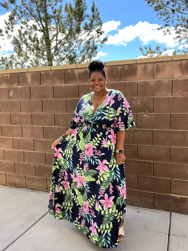 Plus Size Floral Tropical V Cut Maxi Dress - Fabulously Dressed Boutique 