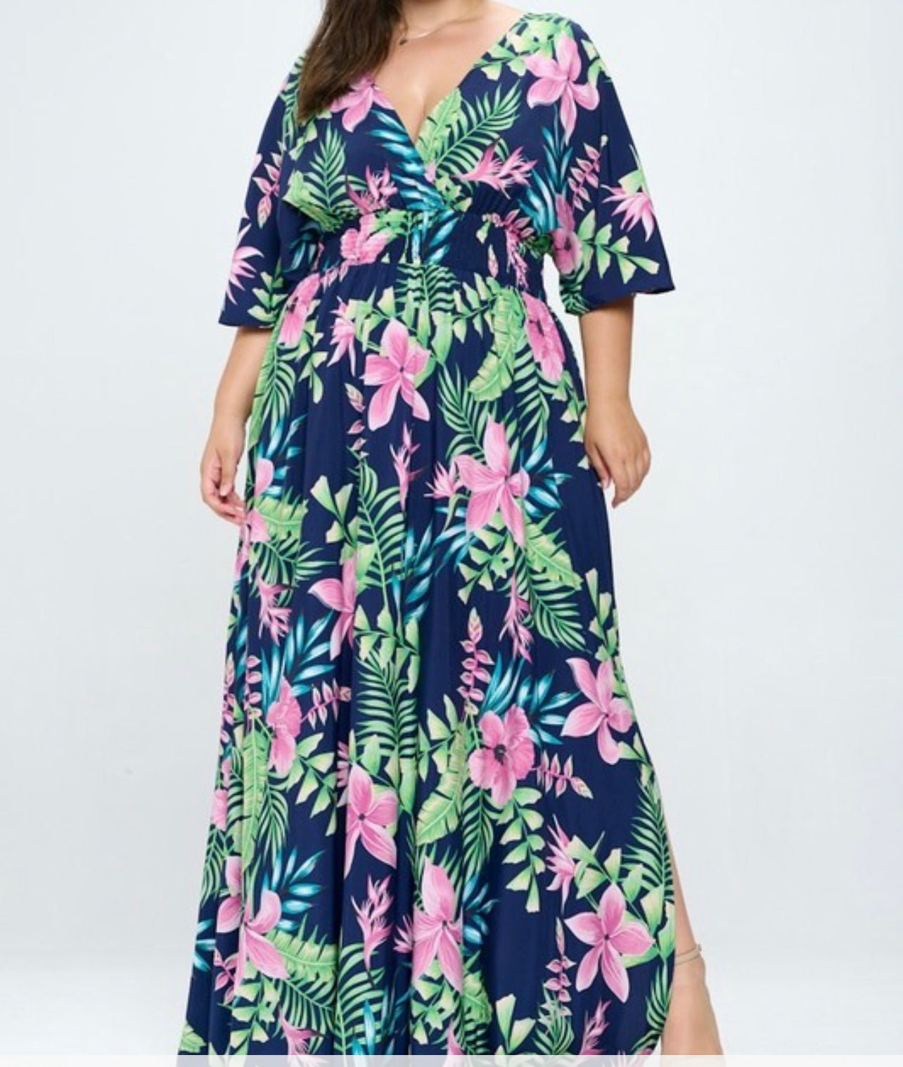 Plus Size Floral Tropical V Cut Maxi Dress - Fabulously Dressed Boutique 