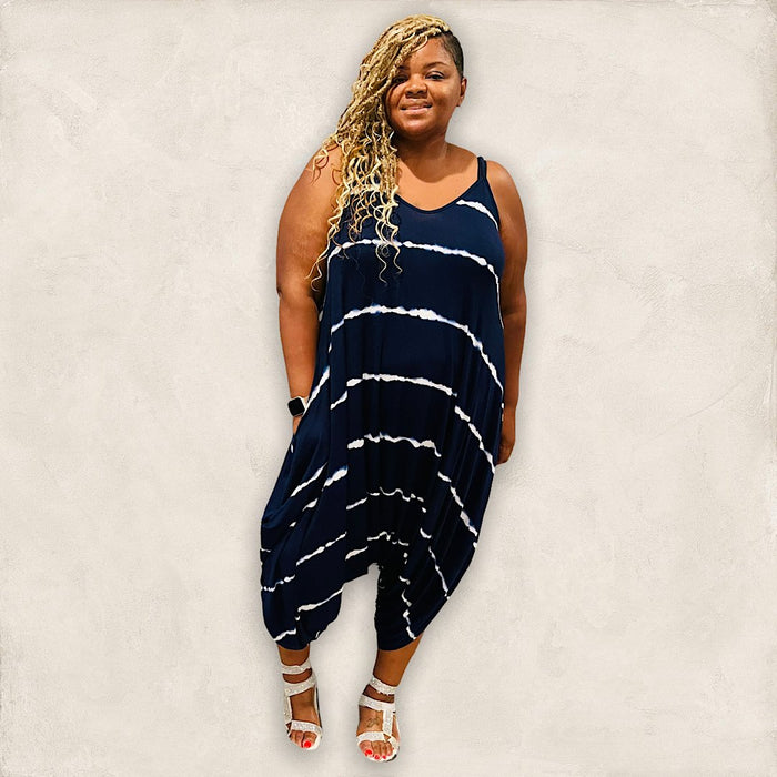 Plus Size Navy Tie Dye Harem Jumpsuit - Fabulously Dressed Boutique 