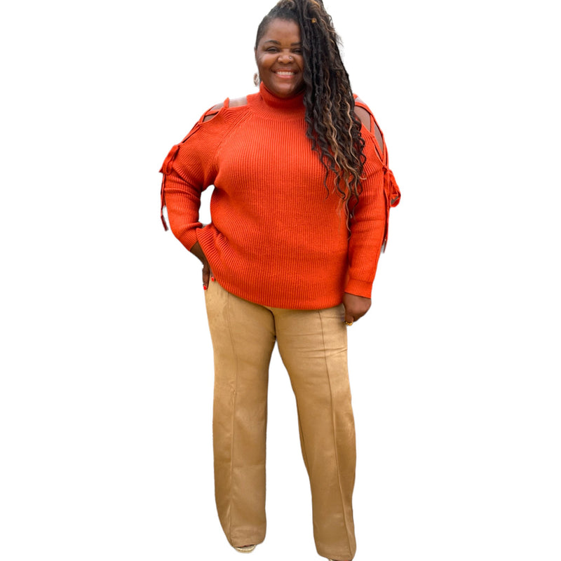 Plus Size Rust Turtles Neck Cutout Long Sleeve Sweater - Fabulously Dressed Boutique 