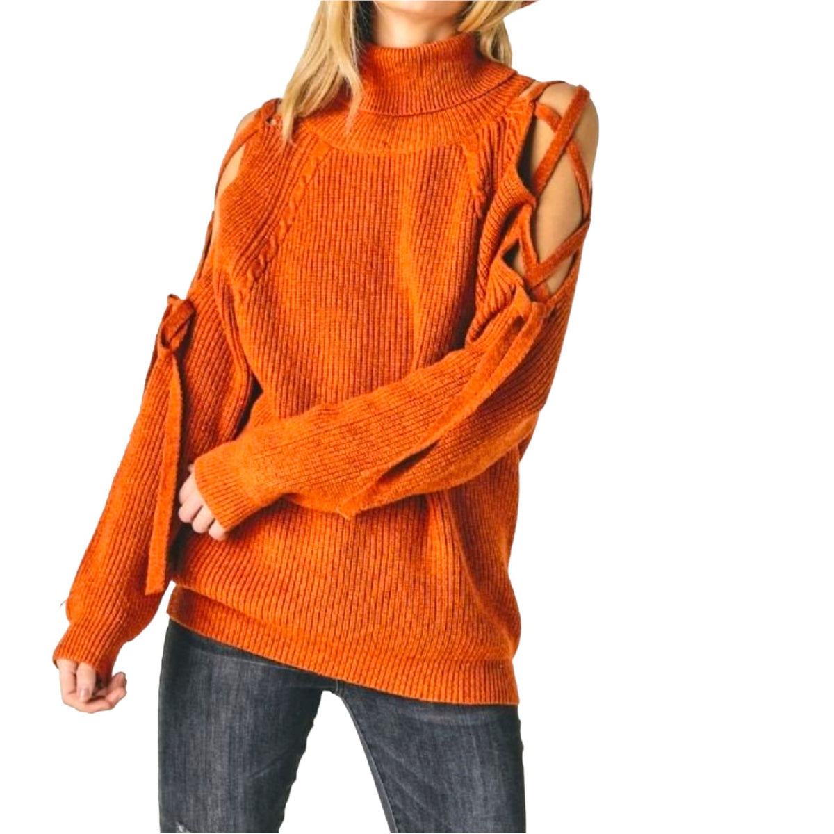 Plus Size Rust Turtles Neck Cutout Long Sleeve Sweater - Fabulously Dressed Boutique 